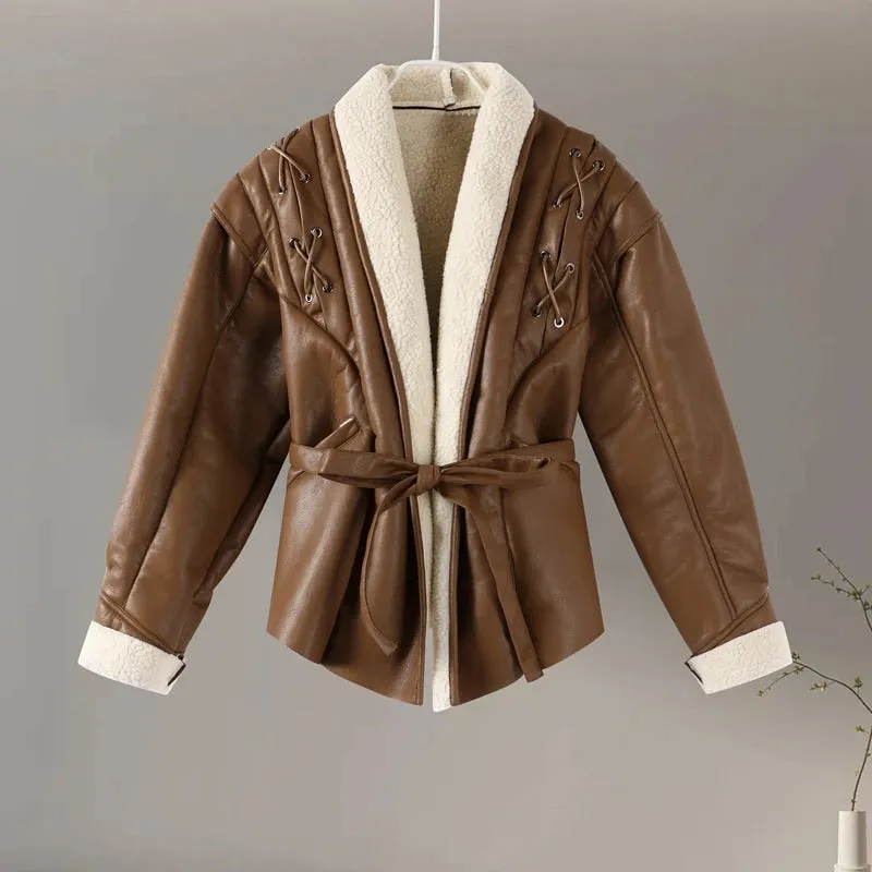 Faux Fur PU Leather Women's Jacket - Street Vintage V-Neck Long Sleeve Belt Coat, Winter Thick Patchwork Chic Hem Outwear