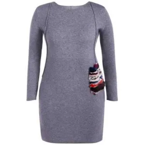Faux Fur Trim Sweater Dress - Gray One Size