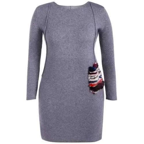 Faux Fur Trim Sweater Dress - Gray One Size