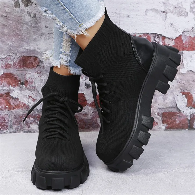 Female Trendy Round Toe Stretchy Mesh Thick Sole Martin Boots