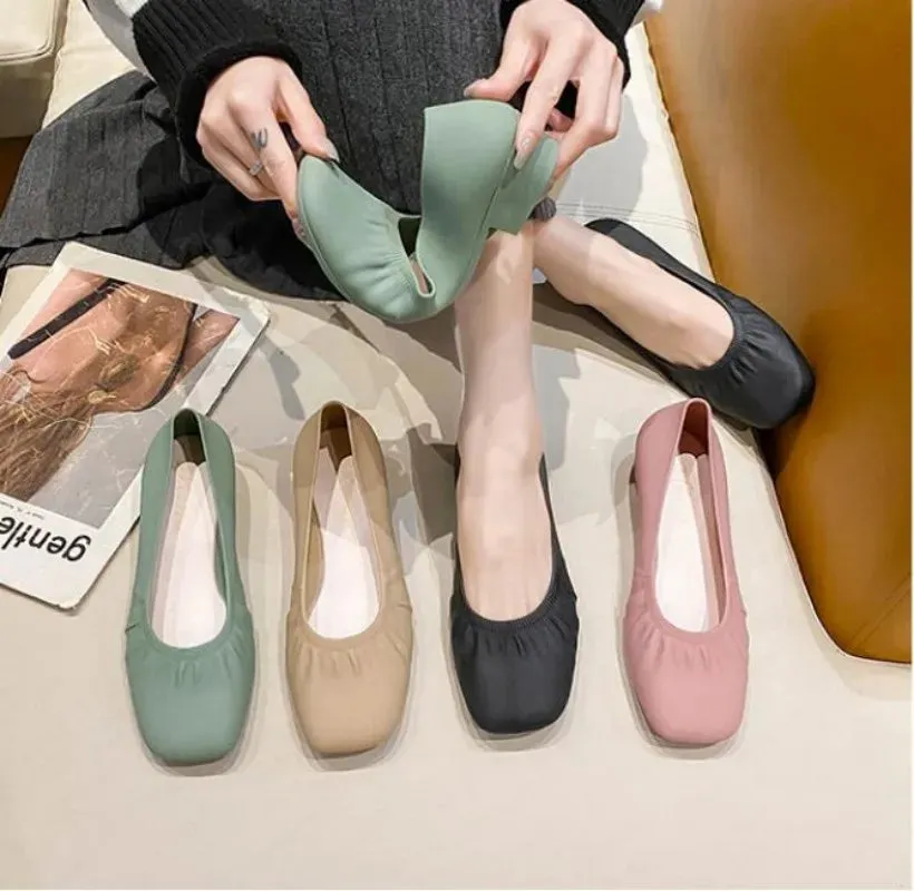 Flat Shoes Women's Summer Casual Wear Thick Heels Square Toe Anti Slip Thickened Shallow Cut Single Shoe  Women's Shoes