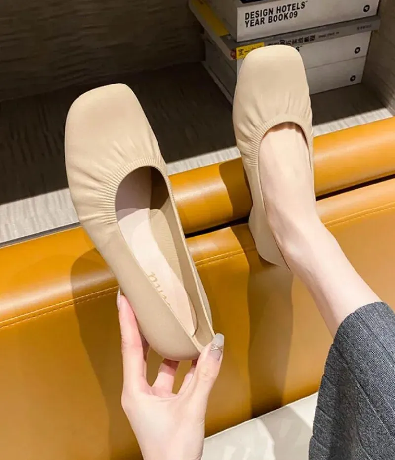 Flat Shoes Women's Summer Casual Wear Thick Heels Square Toe Anti Slip Thickened Shallow Cut Single Shoe  Women's Shoes