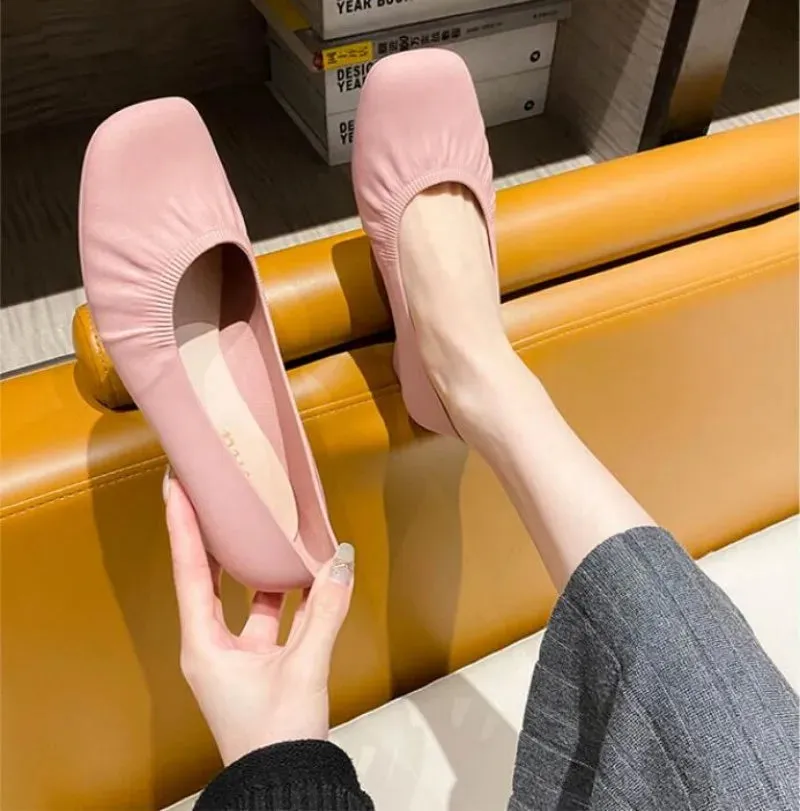 Flat Shoes Women's Summer Casual Wear Thick Heels Square Toe Anti Slip Thickened Shallow Cut Single Shoe  Women's Shoes