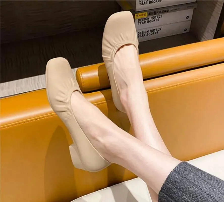 Flat Shoes Women's Summer Casual Wear Thick Heels Square Toe Anti Slip Thickened Shallow Cut Single Shoe  Women's Shoes