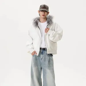 Fur Collar Zip-up Cardigan With Hood Jacket