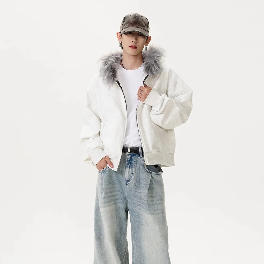 Fur Collar Zip-up Cardigan With Hood Jacket