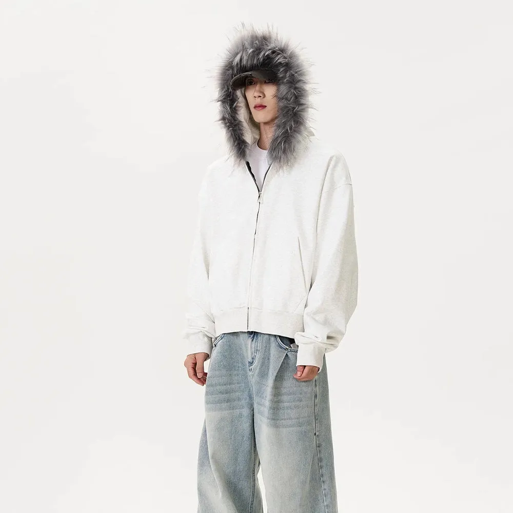 Fur Collar Zip-up Cardigan With Hood Jacket