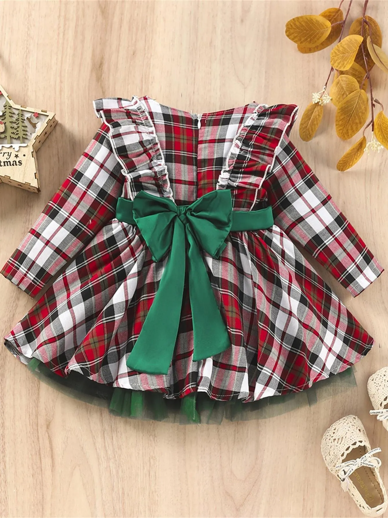 Girls Plaid Bowknot Belted Party Dress