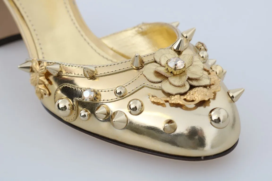 Gold Leather Floral Studded Pumps