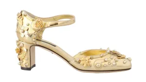 Gold Leather Floral Studded Pumps