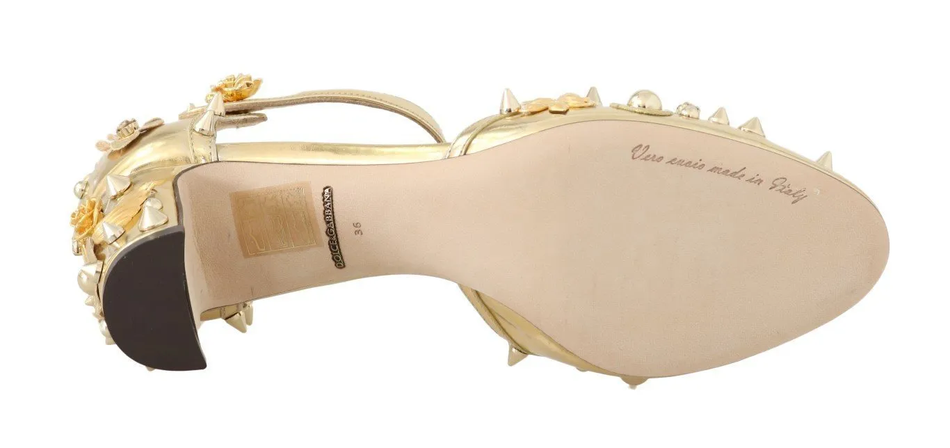 Gold Leather Floral Studded Pumps