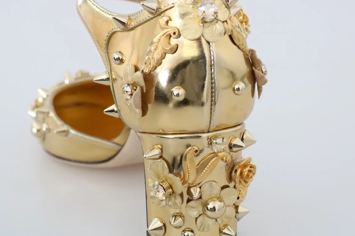 Gold Leather Floral Studded Pumps