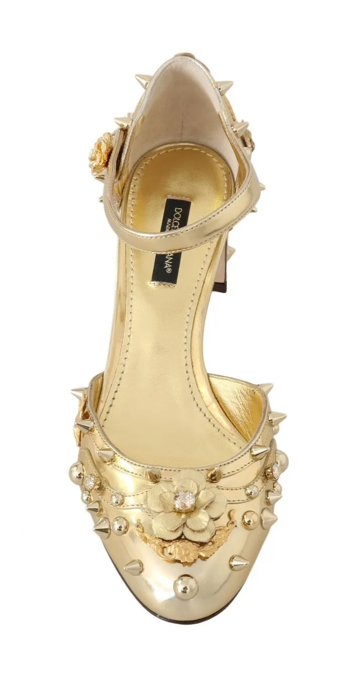 Gold Leather Floral Studded Pumps