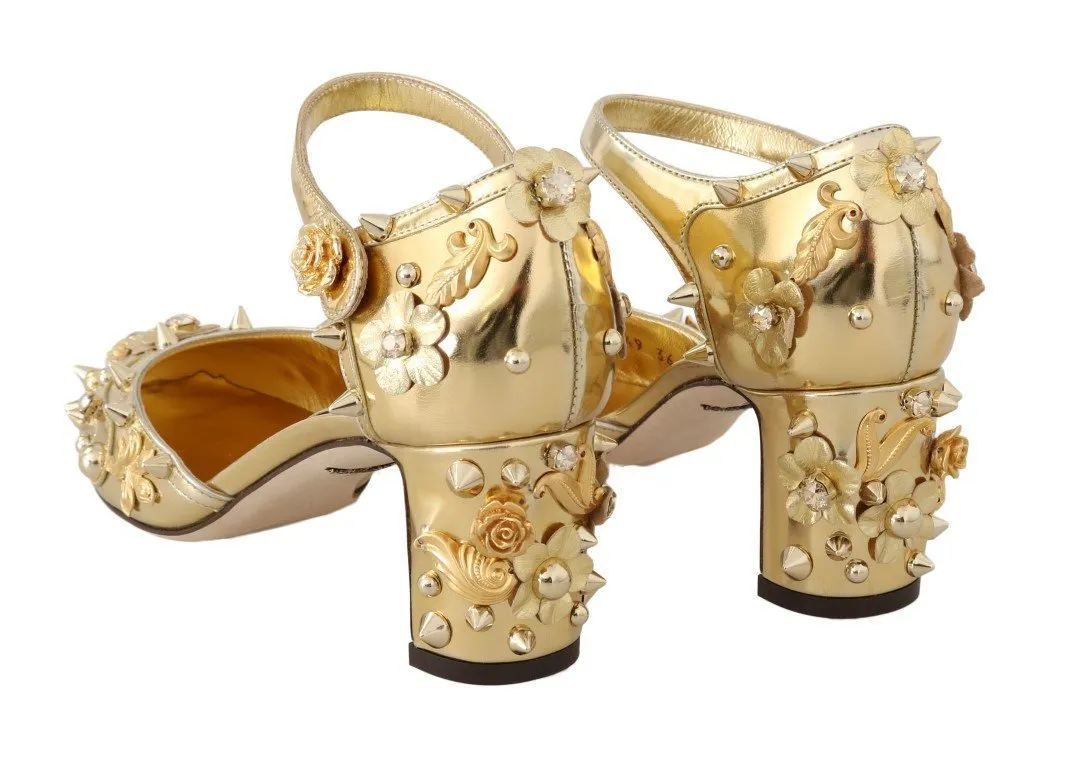 Gold Leather Floral Studded Pumps
