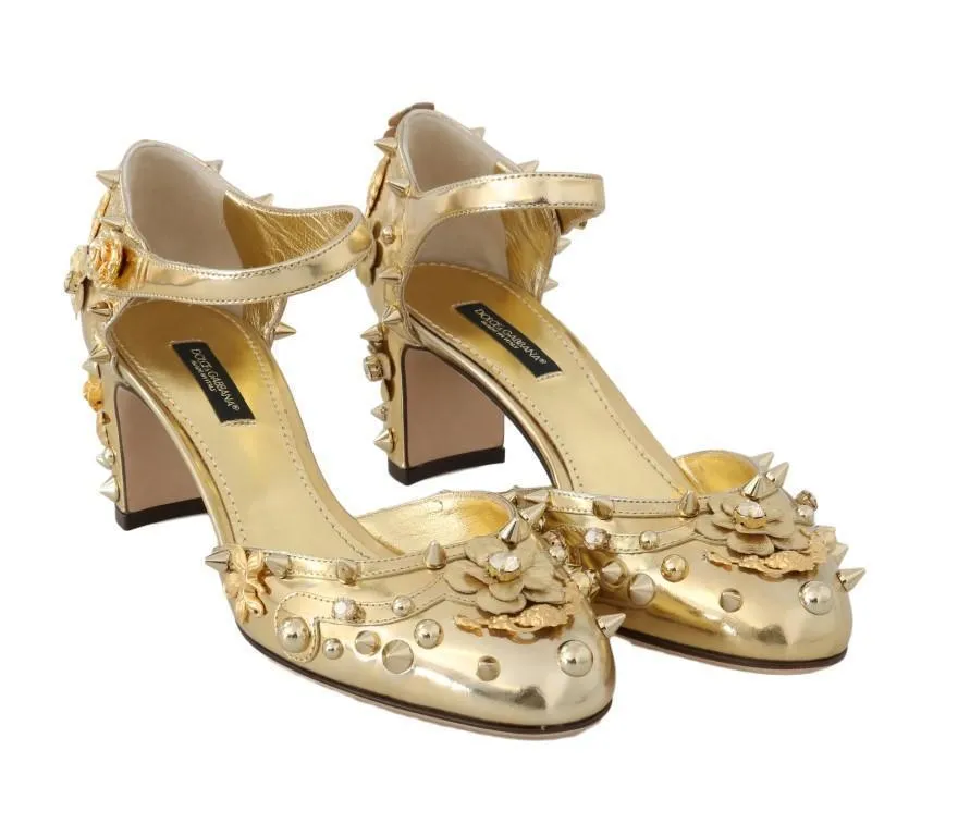 Gold Leather Floral Studded Pumps
