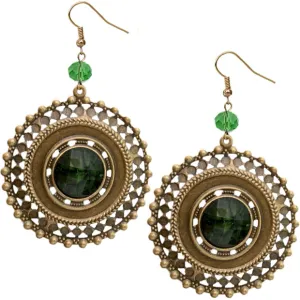 Green Beaded Gold Cutout Earrings