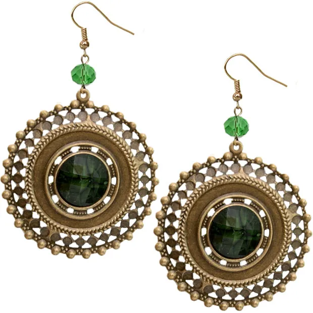 Green Beaded Gold Cutout Earrings