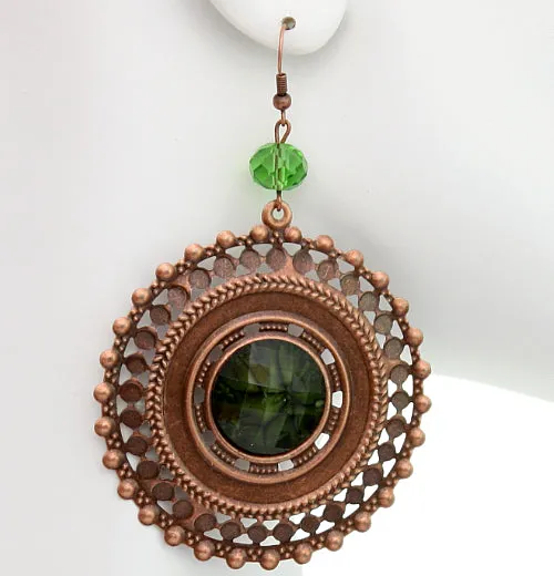 Green Beaded Rose Gold Cutout Earrings