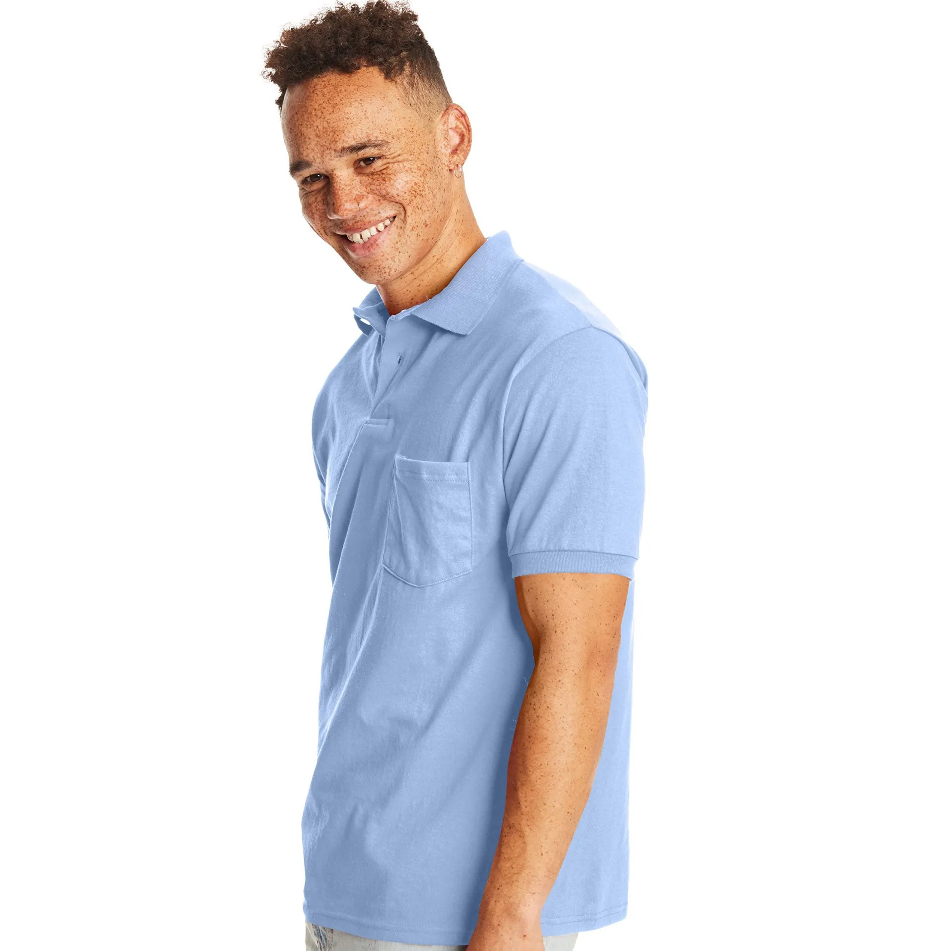 Hanes Cotton-Blend EcoSmart® Jersey Polo With Pocket - Light Blue