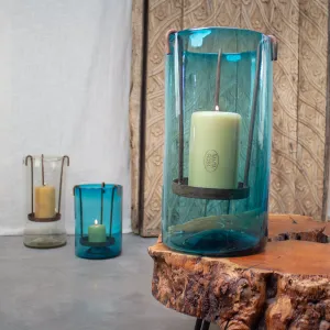 Hurricane Candlero. Aqua Glass Hurricane with Removable Candle Stand