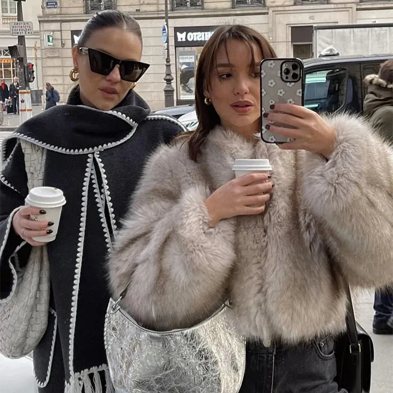 Iconic Fashion Luxury Gradient Cropped Faux Fur Coat for Women Winter Fluffy Short Fur Jacket