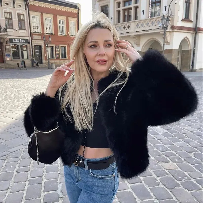 Iconic Fashion Luxury Gradient Cropped Faux Fur Coat for Women Winter Fluffy Short Fur Jacket