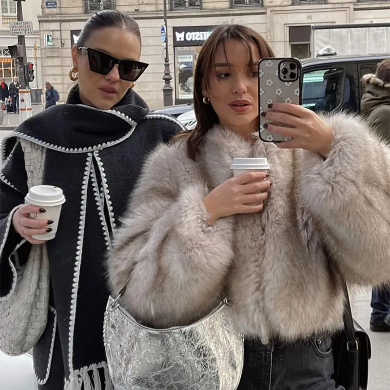 Iconic Fashion Luxury Gradient Cropped Faux Fur Coat for Women Winter Fluffy Short Fur Jacket