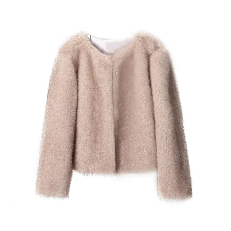 Iconic Fashion Luxury Gradient Cropped Faux Fur Coat for Women Winter Fluffy Short Fur Jacket