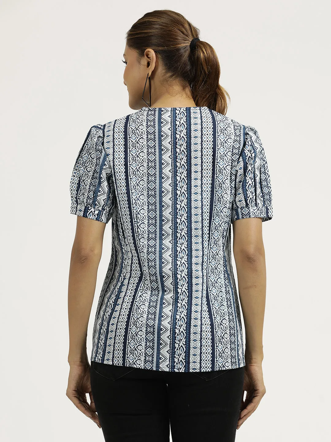 Indigo Printed Cotton Pleated Top