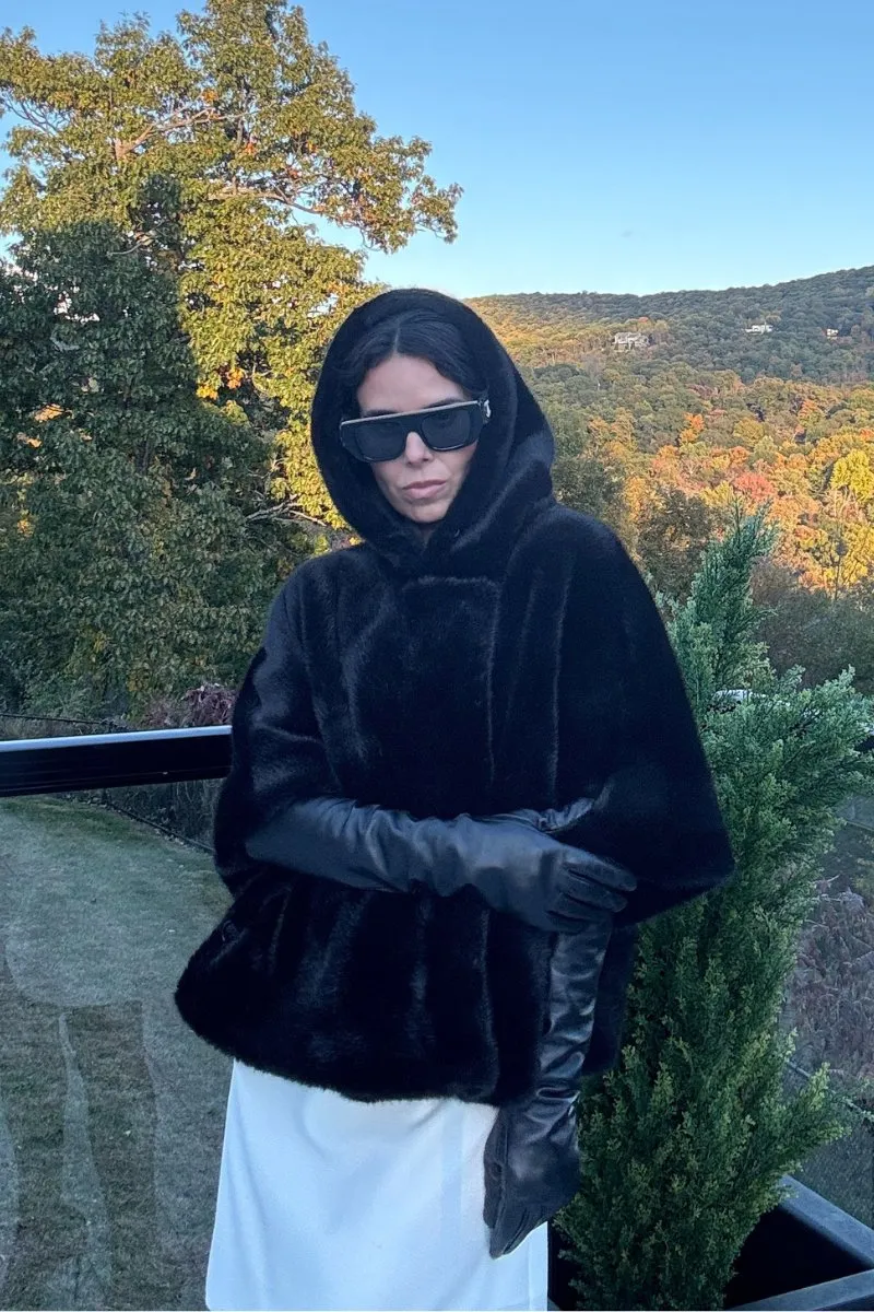 Jet Black Hooded Faux Fur Cape