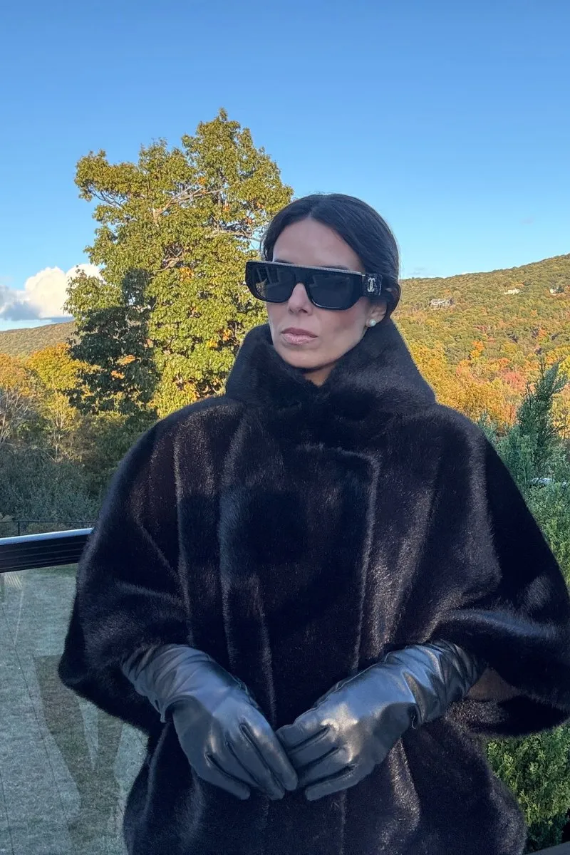 Jet Black Hooded Faux Fur Cape