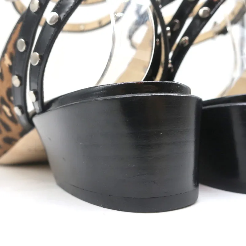Jimmy Choo Studded Ankle Strap Pumps Leopard Pony Hair & Black Patent Size 42