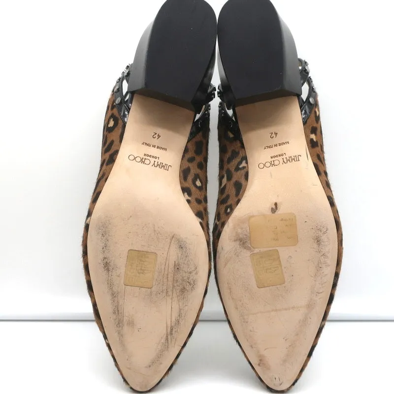 Jimmy Choo Studded Ankle Strap Pumps Leopard Pony Hair & Black Patent Size 42