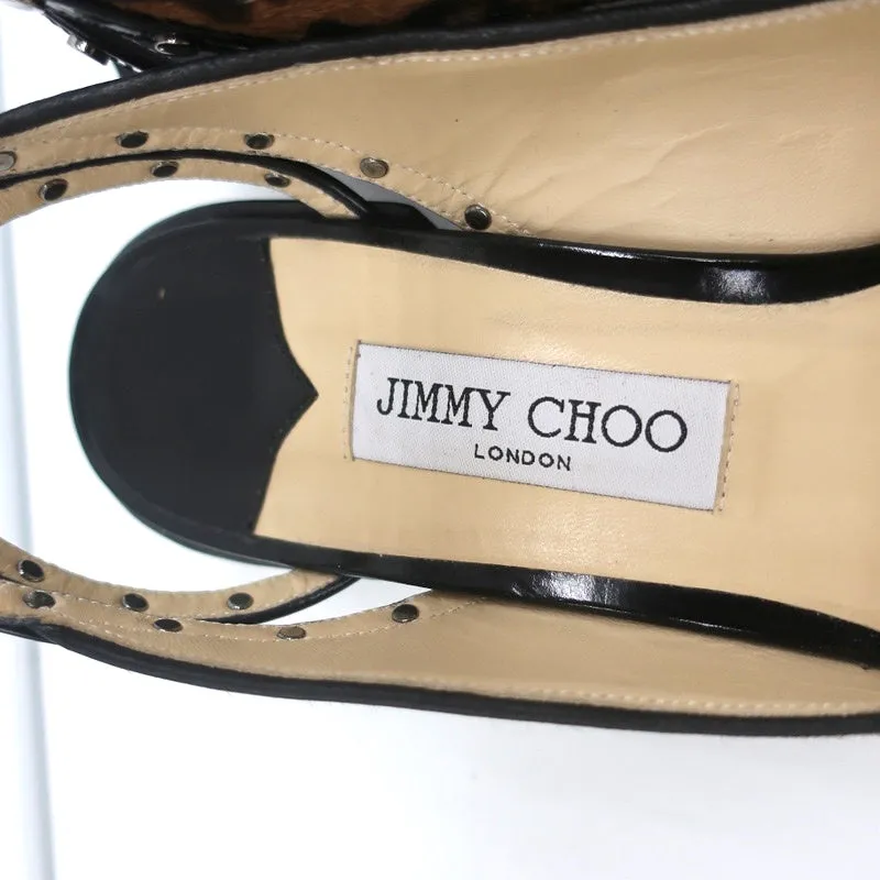 Jimmy Choo Studded Ankle Strap Pumps Leopard Pony Hair & Black Patent Size 42