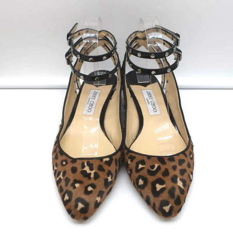 Jimmy Choo Studded Ankle Strap Pumps Leopard Pony Hair & Black Patent Size 42