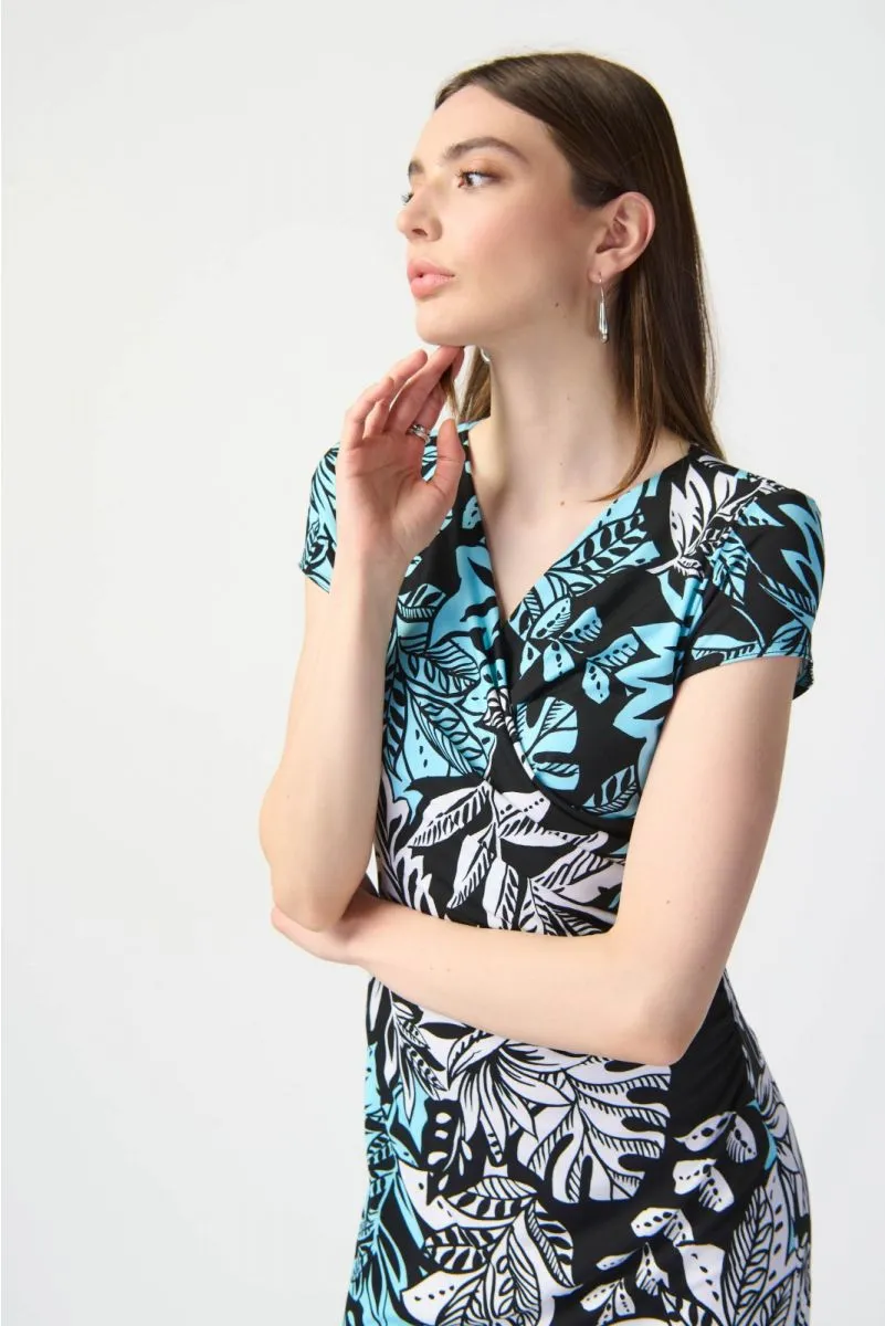Joseph Ribkoff Black/Multi Tri-Tone Tropical Print Cap Sleeve Faux Wrap Sheath Dress 241287