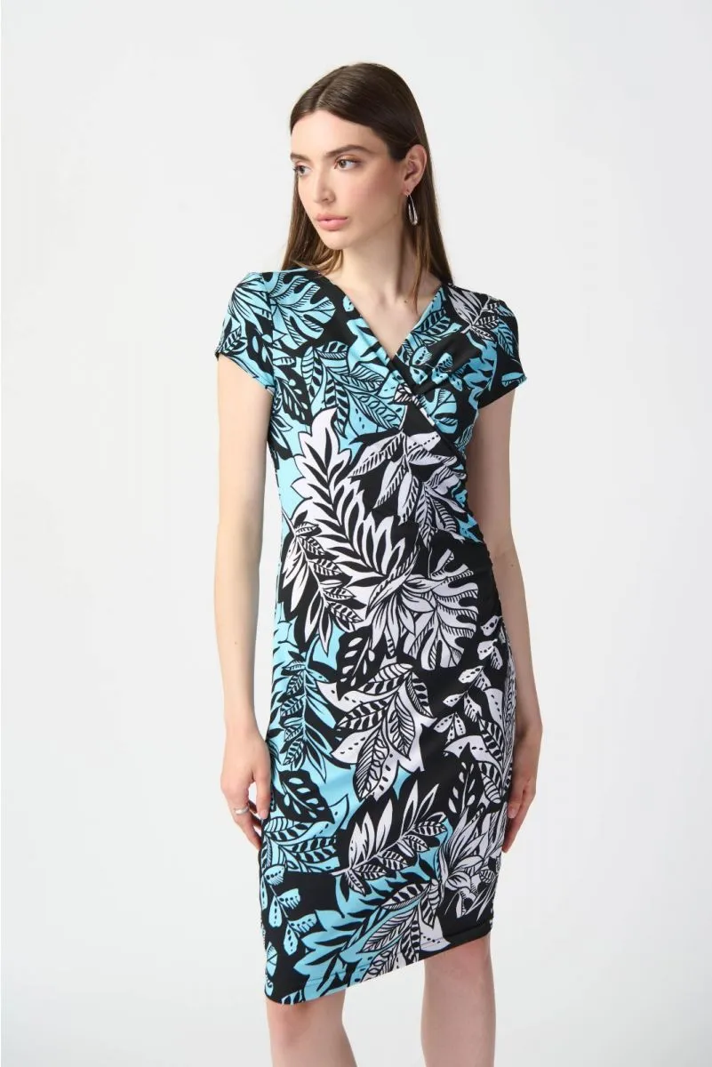 Joseph Ribkoff Black/Multi Tri-Tone Tropical Print Cap Sleeve Faux Wrap Sheath Dress 241287
