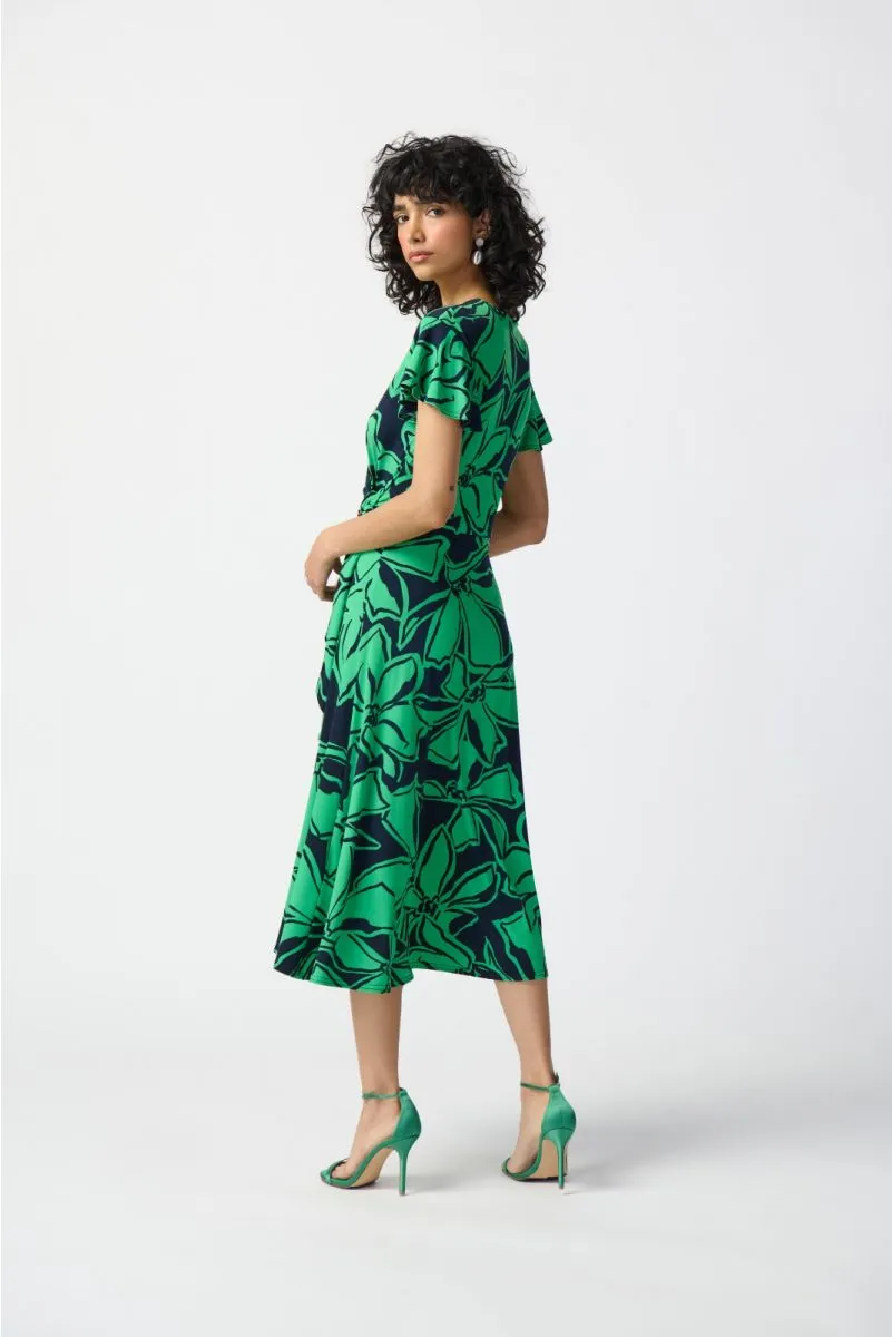 Joseph Ribkoff Midnight Blue/Green Floral Print Faux Wrap Flowy Midi Dress 241052