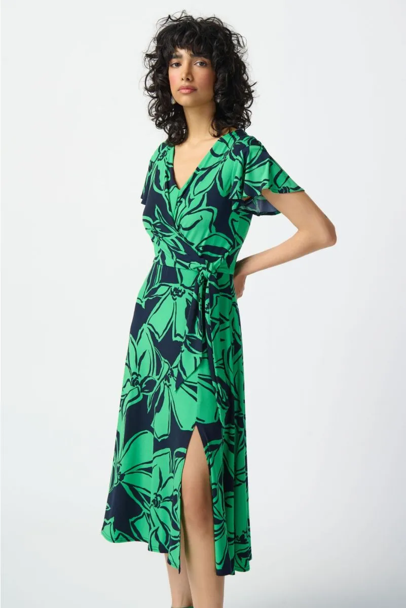 Joseph Ribkoff Midnight Blue/Green Floral Print Faux Wrap Flowy Midi Dress 241052