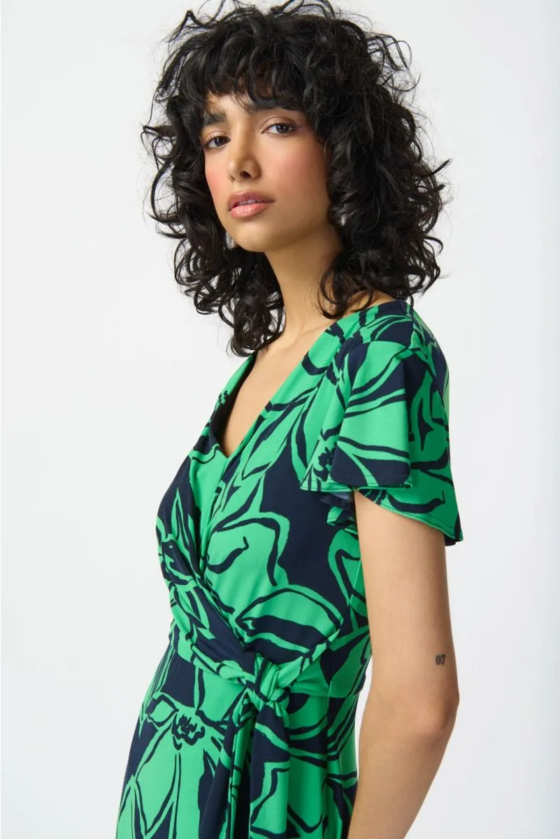 Joseph Ribkoff Midnight Blue/Green Floral Print Faux Wrap Flowy Midi Dress 241052