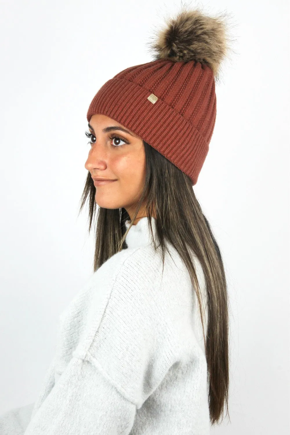 Knit Beanie with Faux Fur Pom-ABB37