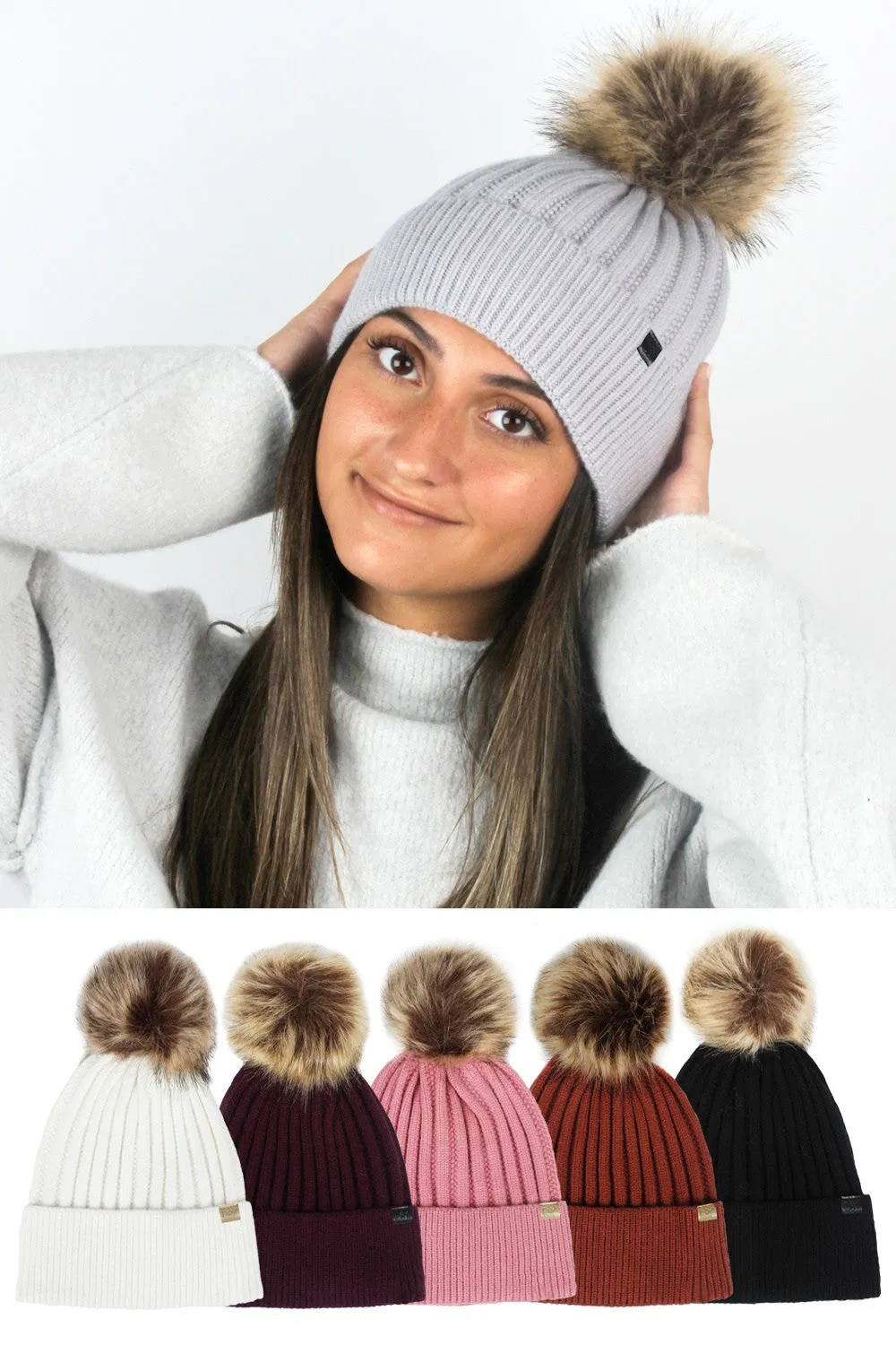 Knit Beanie with Faux Fur Pom-ABB37