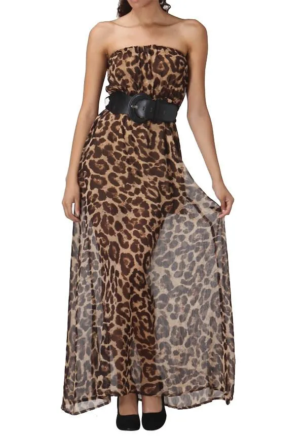 Leopard Print Strapless Maxi Dress With Belt