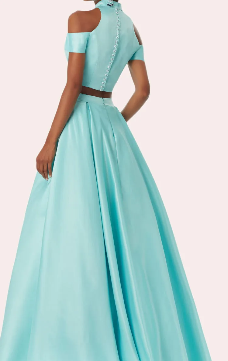 MACloth 2 Piece High Neck Satin Pink Prom Dress 2018 New Evening Formal Gown