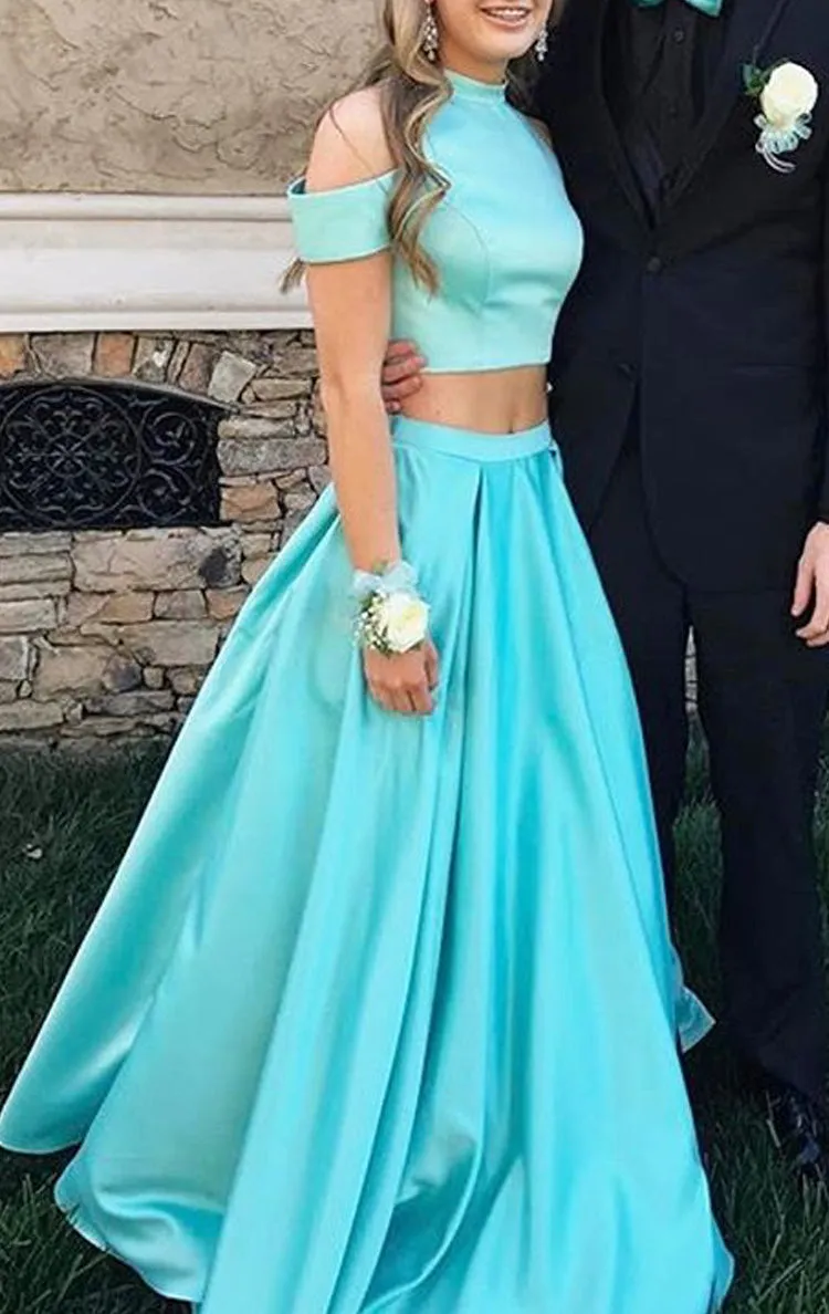 MACloth 2 Piece High Neck Satin Pink Prom Dress 2018 New Evening Formal Gown