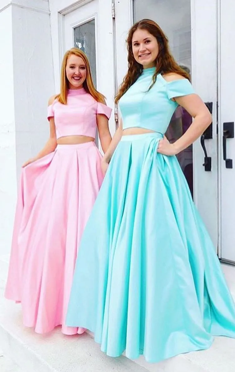 MACloth 2 Piece High Neck Satin Pink Prom Dress 2018 New Evening Formal Gown