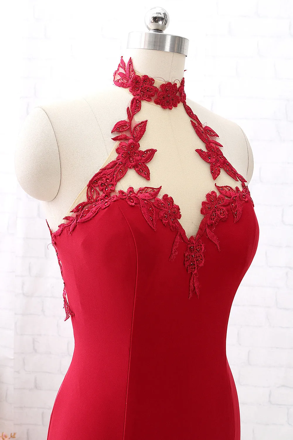 MACloth High Neck Mermaid Burgundy Long Prom Dress Jersey Formal Evening Gown