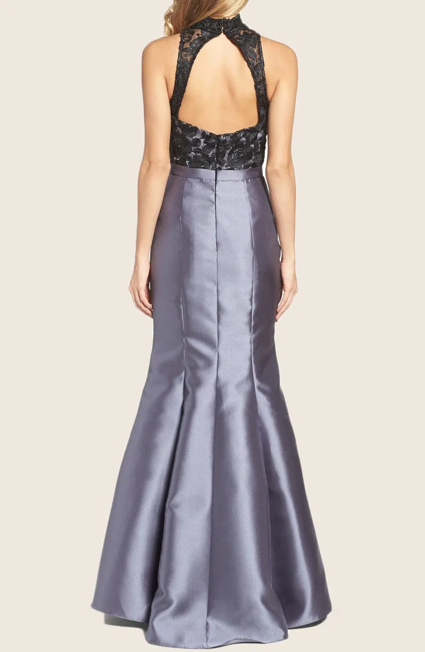MACloth Mermaid High Neck Lace Taffeta Prom Dress Gray Formal Gown