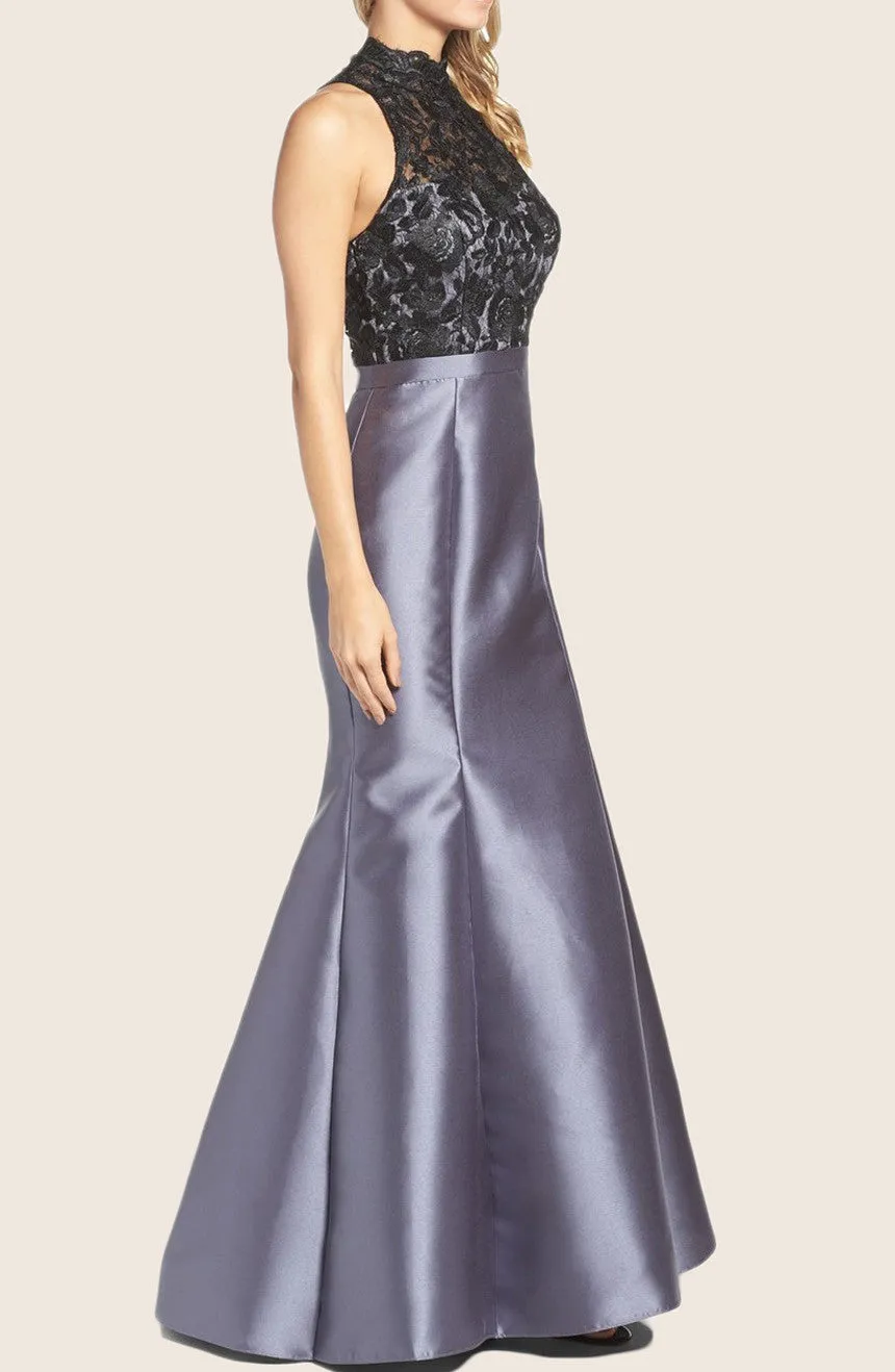 MACloth Mermaid High Neck Lace Taffeta Prom Dress Gray Formal Gown