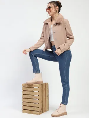 Madame Beige Coat with Faux Fur Collar
